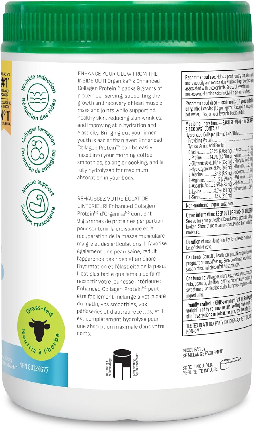 Organika Canadian-Made Enhanced Collagen Powder - for Healthy Hair, Skin, Nails, and Joints. Hydrolyzed Protein Peptides for Better Absorption- Grass-Fed, Non-GMO- Unflavoured- 750g