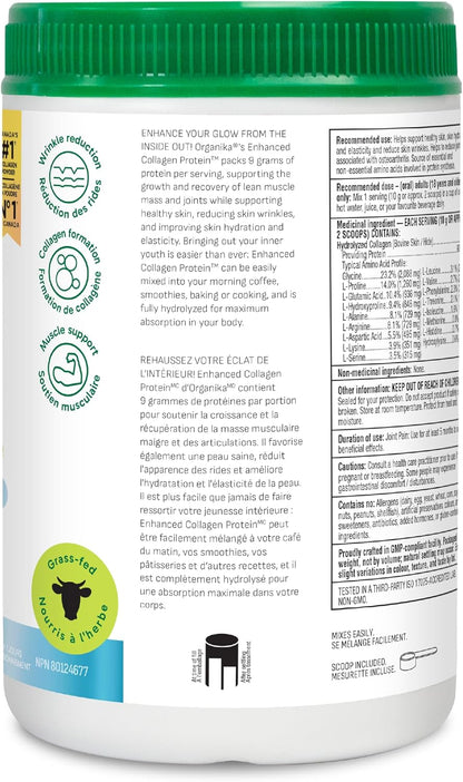 Organika Canadian-Made Enhanced Collagen Powder - for Healthy Hair, Skin, Nails, and Joints. Hydrolyzed Protein Peptides for Better Absorption- Grass-Fed, Non-GMO- Unflavoured- 750g