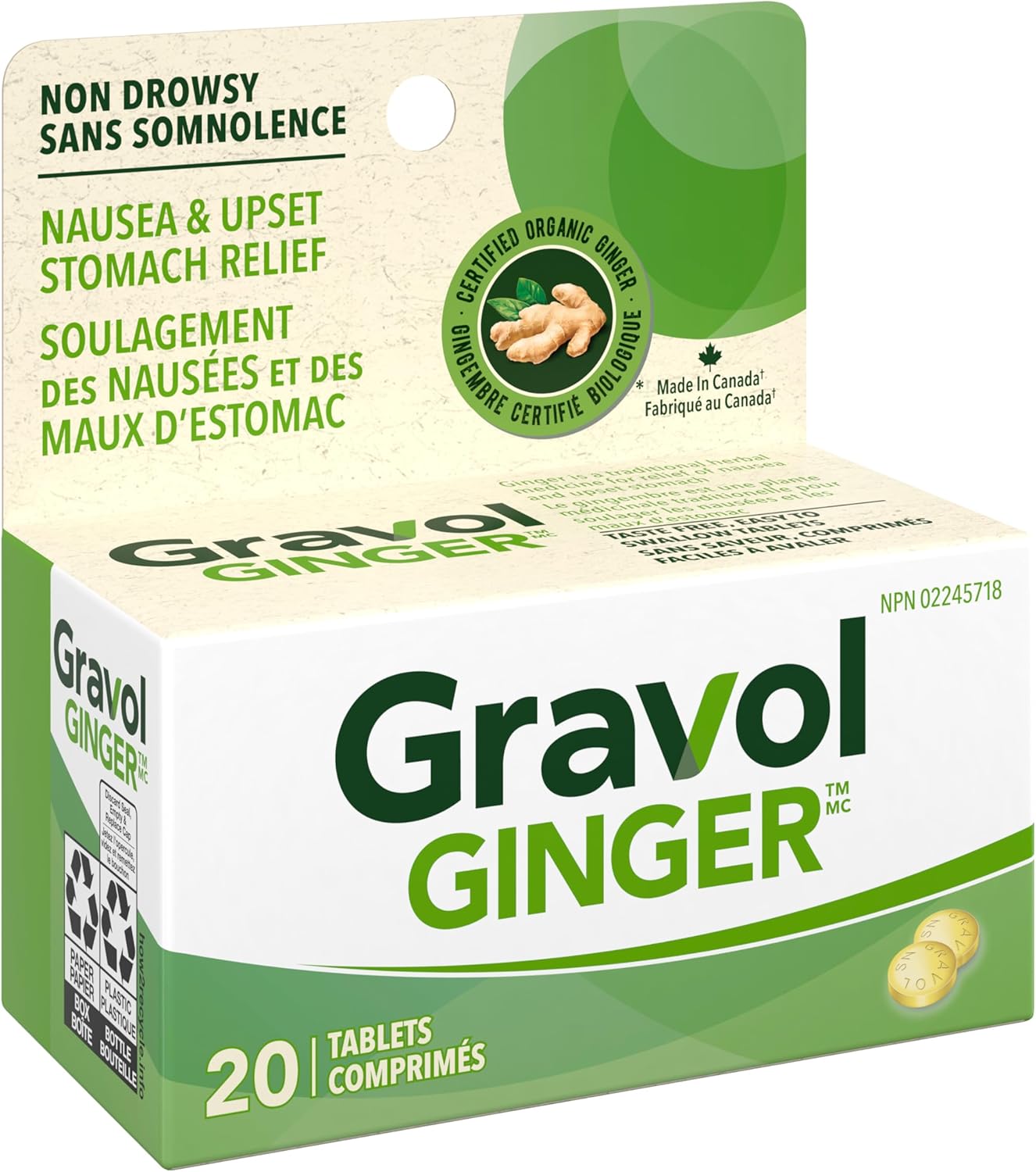 Gravol 生薑 - 抗噁心和緩解胃部不適，含有機生薑提取物 - 加拿大製造 - 不引起困倦、無味且易於吞嚥 - 20 片（1 包）