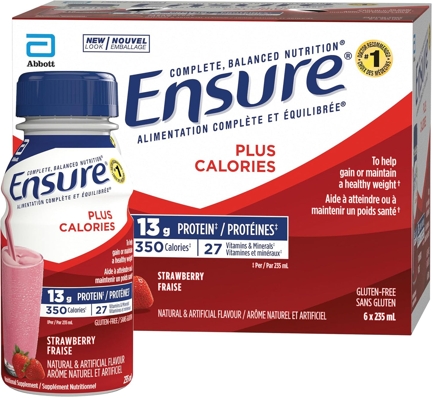 Ensure Plus Calories，营养补充奶昔，帮助健康增重或维持体重，草莓味，6 x 235 毫升瓶装