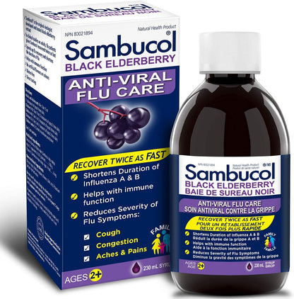 Sambucol Black Elderberry Anti-Viral Flu Care | Quickly Relieves Cold & Flu Symptoms | Immune Support & Antioxidant | Ideal for Families | Syrup, 230 mL, blue