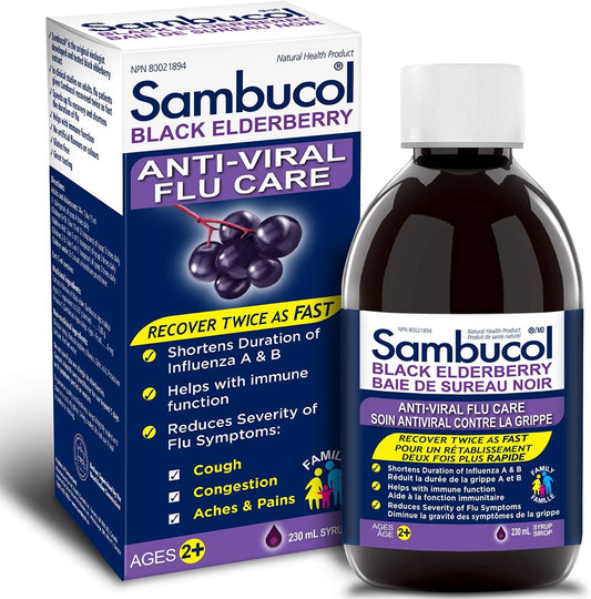 Sambucol Black Elderberry Anti-Viral Flu Care | Quickly Relieves Cold & Flu Symptoms | Immune Support & Antioxidant | Ideal for Families | Syrup, 230 mL, blue