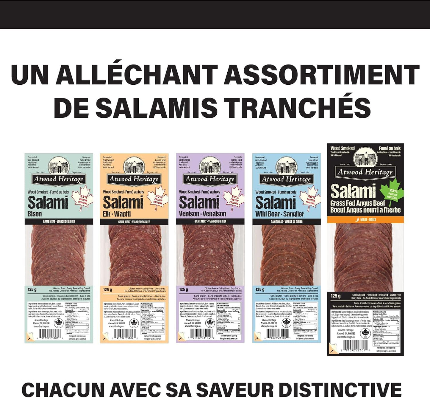 Atwood Heritage 草飼安格斯牛肉切片薩拉米香腸，125克，高蛋白，無麩質，無硝酸鹽，加拿大製造