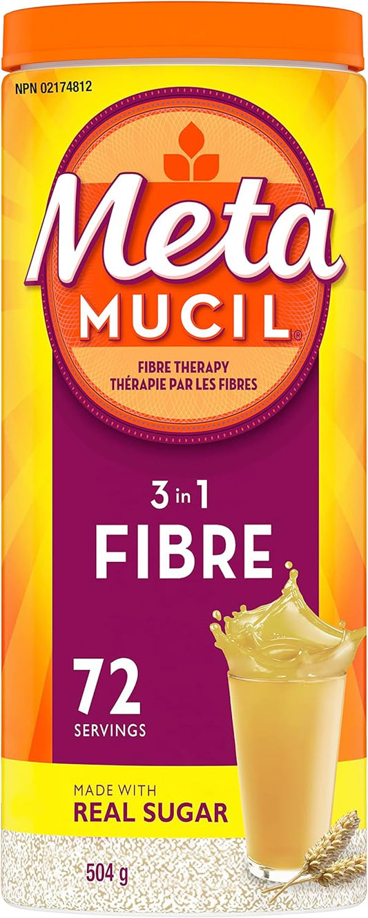 Metamucil, Daily Psyllium Husk Powder Supplement, Real Sugar, 3-in-1 Fibre for Digestive Health, Unflavoured Smooth Flavored Drink, 72 Servings