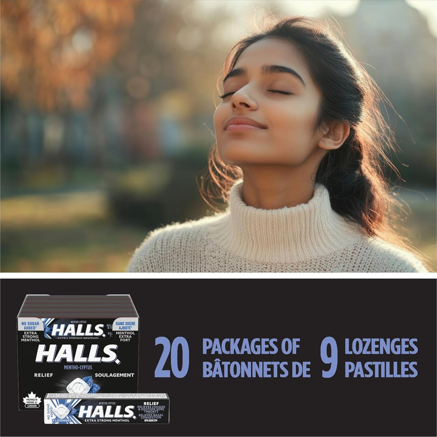 HALLS 无糖特强止咳糖浆，20 包，每包 9 粒，润喉糖，缓解咽喉痛，缓解咳嗽，薄荷醇，加拿大制造