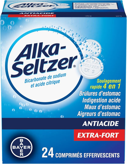 Alka-Seltzer 抗酸剂胃灼热缓解泡腾片 - 抗酸剂，缓解胃灼热、胃酸、胃部不适，碳酸氢钠和柠檬酸，柠檬青柠味，24 片泡腾片
