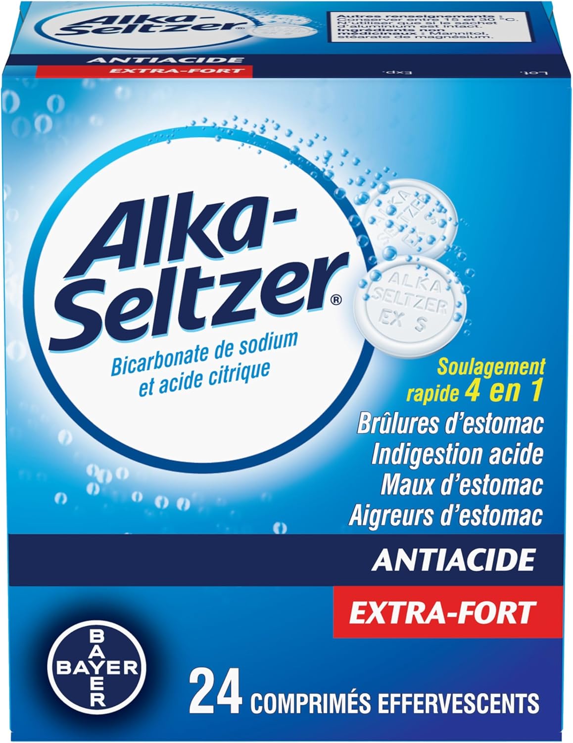 Alka-Seltzer 抗酸剂胃灼热缓解泡腾片 - 强效片剂，用于缓解胃灼热、胃酸、胃部不适，含碳酸氢钠和柠檬酸，24 片泡腾片