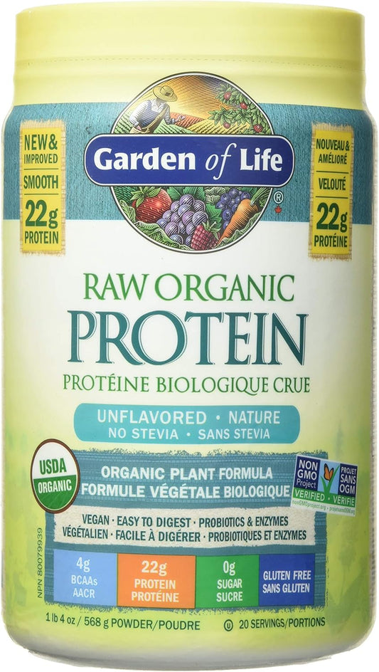 Garden Of Life 生有機蛋白粉，原味，568公克。富含22克經認證的有機植物蛋白，包括在加拿大種植和加工的有機豌豆。有助於肌肉的建構和修復。 4克支鏈胺基酸