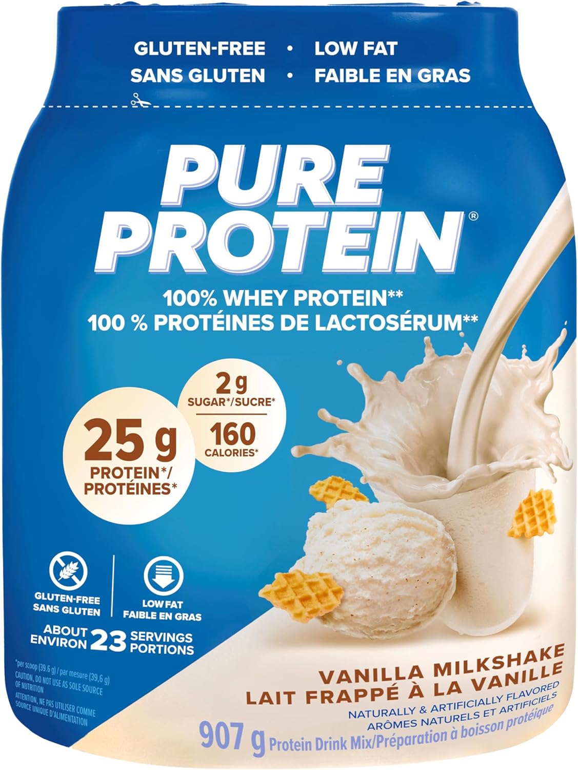 Pure Protein Whey Powder - High Protein (25 g/scoop), Low Sugar (2 g/scoop), Gluten Free - Fast-Acting Formula, Vanilla, 907g