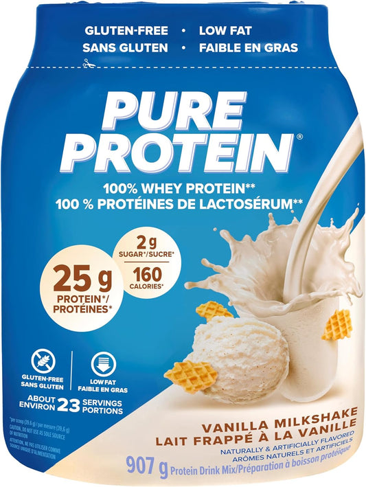 Pure Protein Whey Powder - High Protein (25 g/scoop), Low Sugar (2 g/scoop), Gluten Free - Fast-Acting Formula, Vanilla, 907g