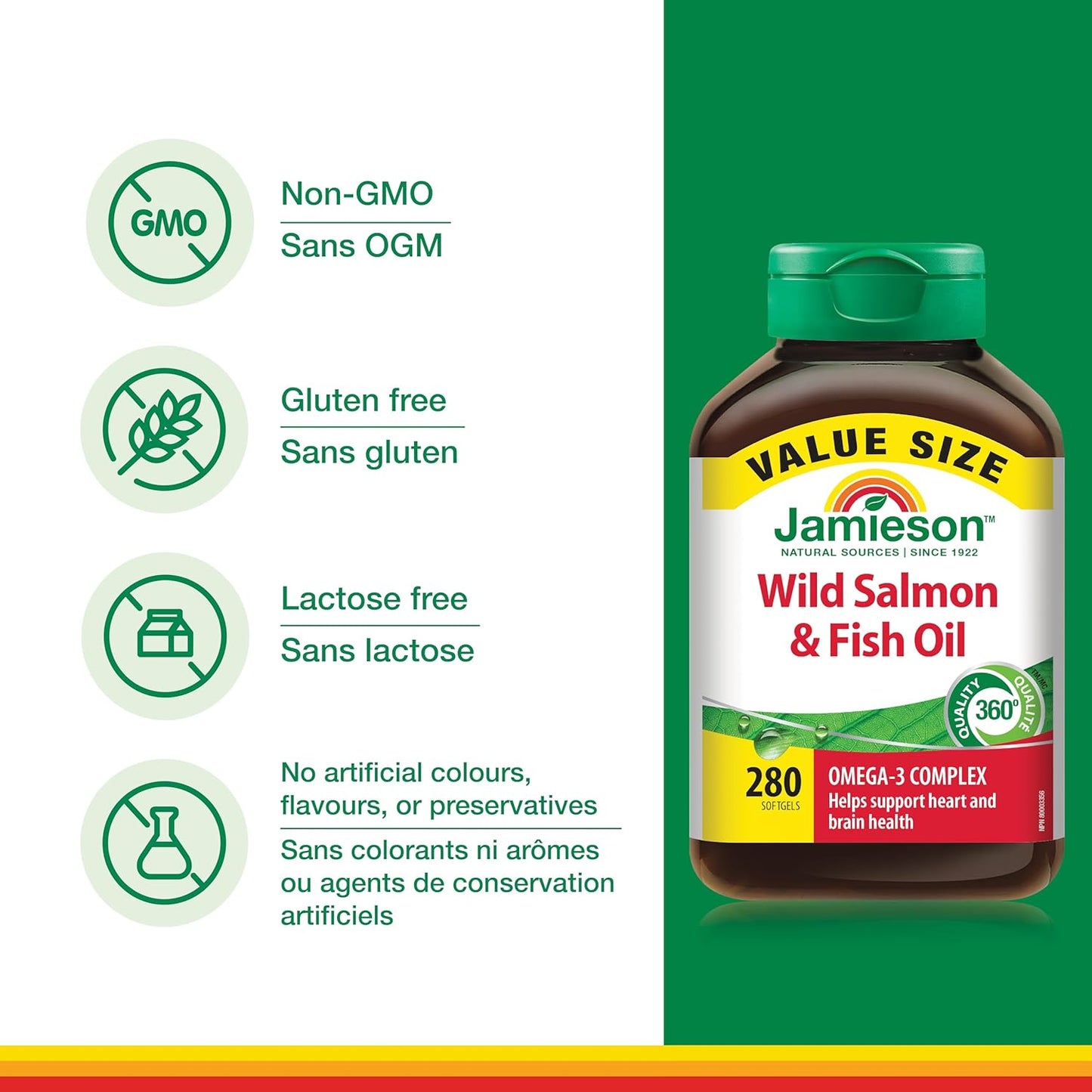 Jamieson Wild Salmon and Fish Oil 1,000 mg Softgels, Value Size, Supports Heart and Brain Health. With Wild Alaskan Salmon, Menhaden, EPA and DHA, Non-GMO, Gluten-Free, 280 Count, Proudly Canadian