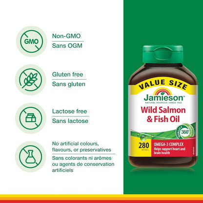 Jamieson Wild Salmon and Fish Oil 1,000 mg Softgels, Value Size, Supports Heart and Brain Health. With Wild Alaskan Salmon, Menhaden, EPA and DHA, Non-GMO, Gluten-Free, 280 Count, Proudly Canadian