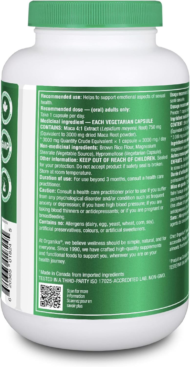 Organika 加拿大制造玛卡 4:1 强度 180 粒素食胶囊 - 3000 毫克 | 高生物利用度配方，适应原有助于缓解压力、平衡能量和荷尔蒙