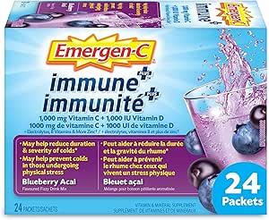 Emergen-C Immune+ 1000毫克維生素C粉劑補充劑，飲料混合物，免疫系統增強劑，藍莓巴西莓口味，24包