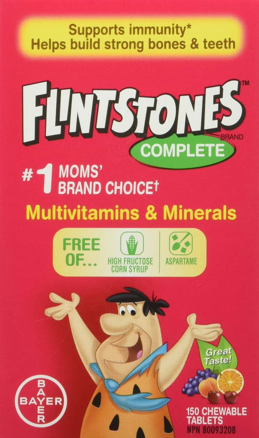FLINTSTONES 儿童复合维生素咀嚼片，不含阿斯巴甜，含维生素 A、C6、B12、C、D、e 和钙，150 粒