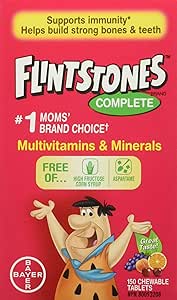 FLINTSTONES 兒童複合維生素咀嚼片，不含阿斯巴甜，含維生素 A、C6、B12、C、D、e 和鈣，150 粒