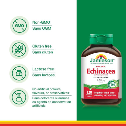 Jamieson 有机紫锥菊 1200 毫克素食胶囊，强效配方，有效预防感冒和上呼吸道感染。蕴含紫锥菊，非转基因，无麸质，120 粒，加拿大制造
