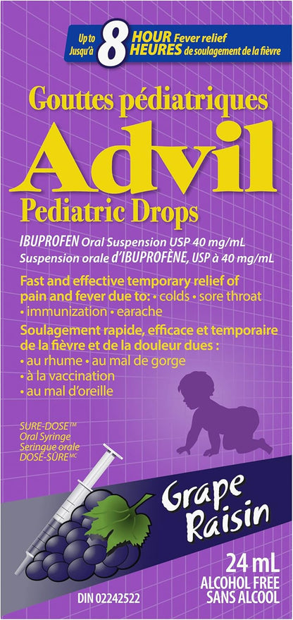 Advil Pediatric Drops Fever and Pain Reliever for Infants, Grape Flavour, 24 mL