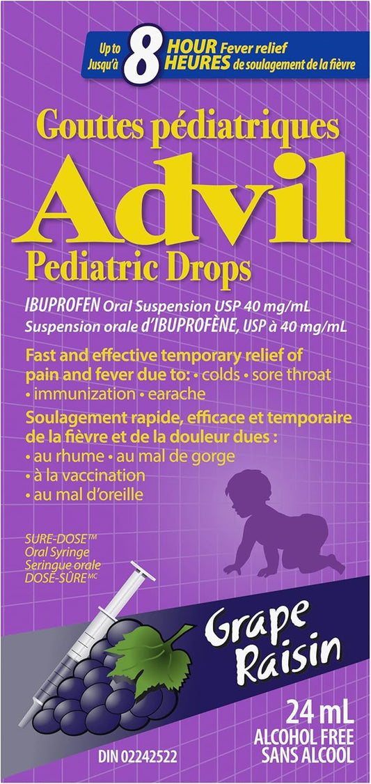 Advil Pediatric Drops Fever and Pain Reliever for Infants, Grape Flavour, 24 mL