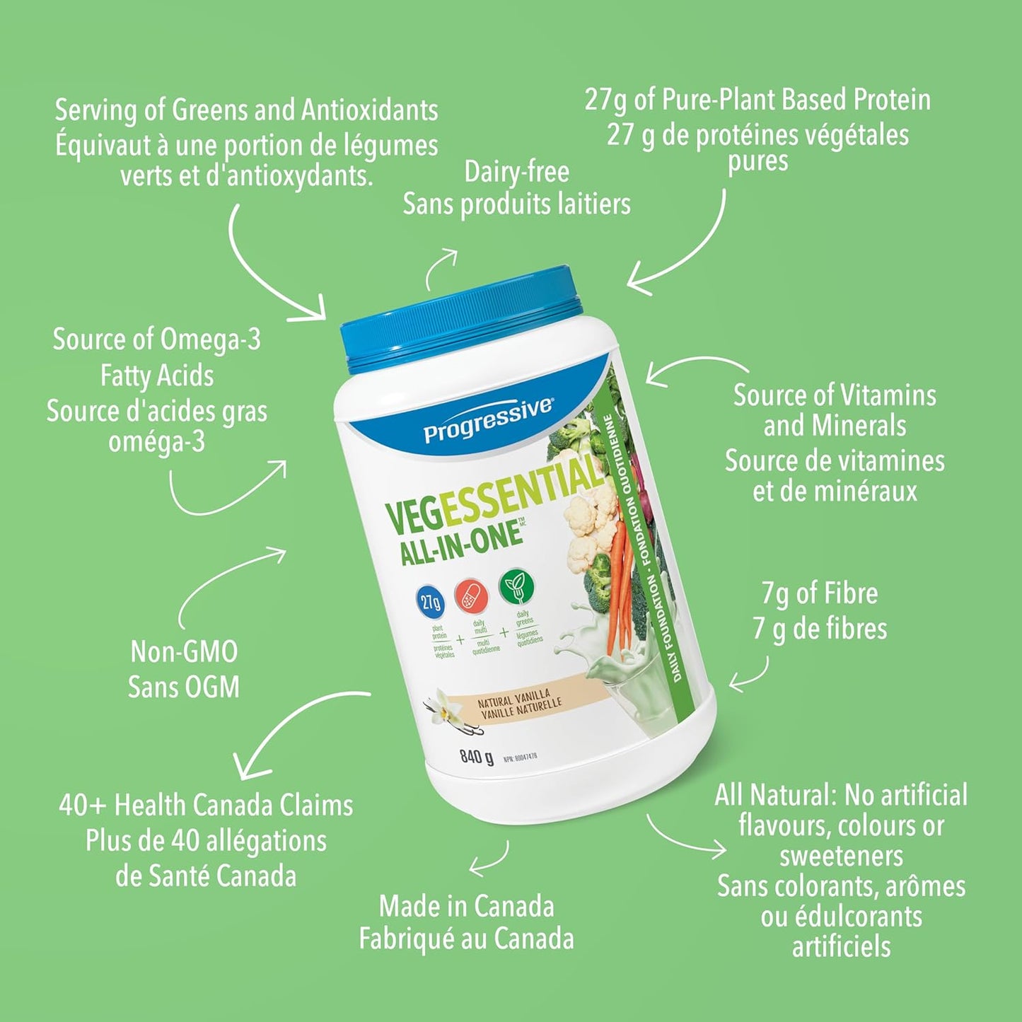 Progressive VegEssential，多合一纯素蛋白质、蔬菜、维生素和矿物质粉 - 香草味，840 克
