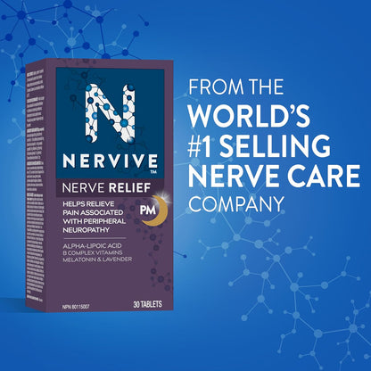 Nervive 神經舒緩 PM，有助於緩解週邊神經病變引起的疼痛，α-硫辛酸 ALA，維生素 B1-硫胺素、B6 和 B12，褪黑激素，洋甘菊，薰衣草，30 晚用量，30 片
