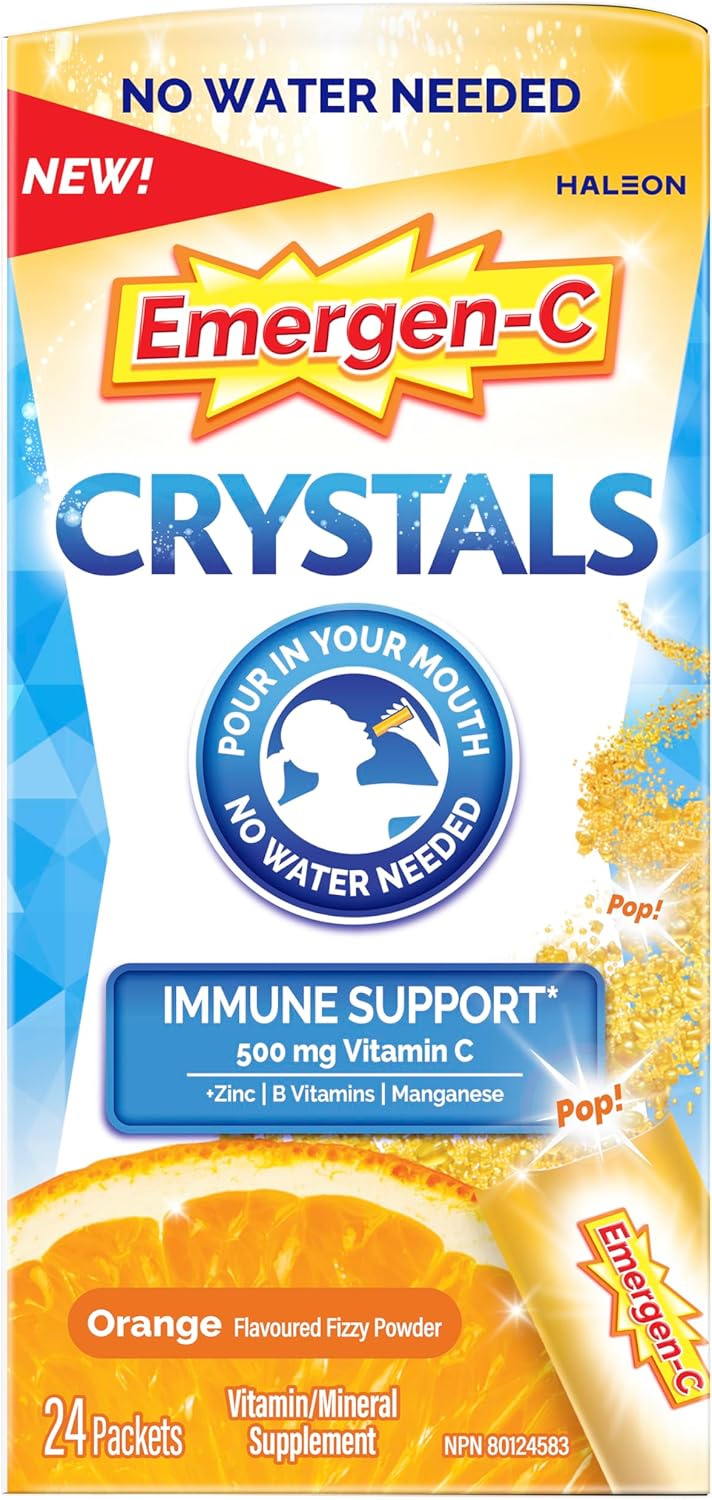 Emergen-C Crystals 便携式免疫支持补充剂，含维生素 C、锌、B 族维生素和锰，橙味，24 包