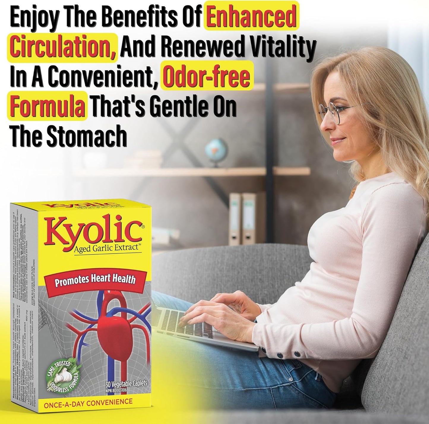 Kyolic - Kyolic Aged Garlic Extract 600mg, 30 Veg Caplets - Kyolic Cardiovascular Health, Cardio Heart Health, Immune System Support and Inflammation Supplements - Odorless Garlic Supplements