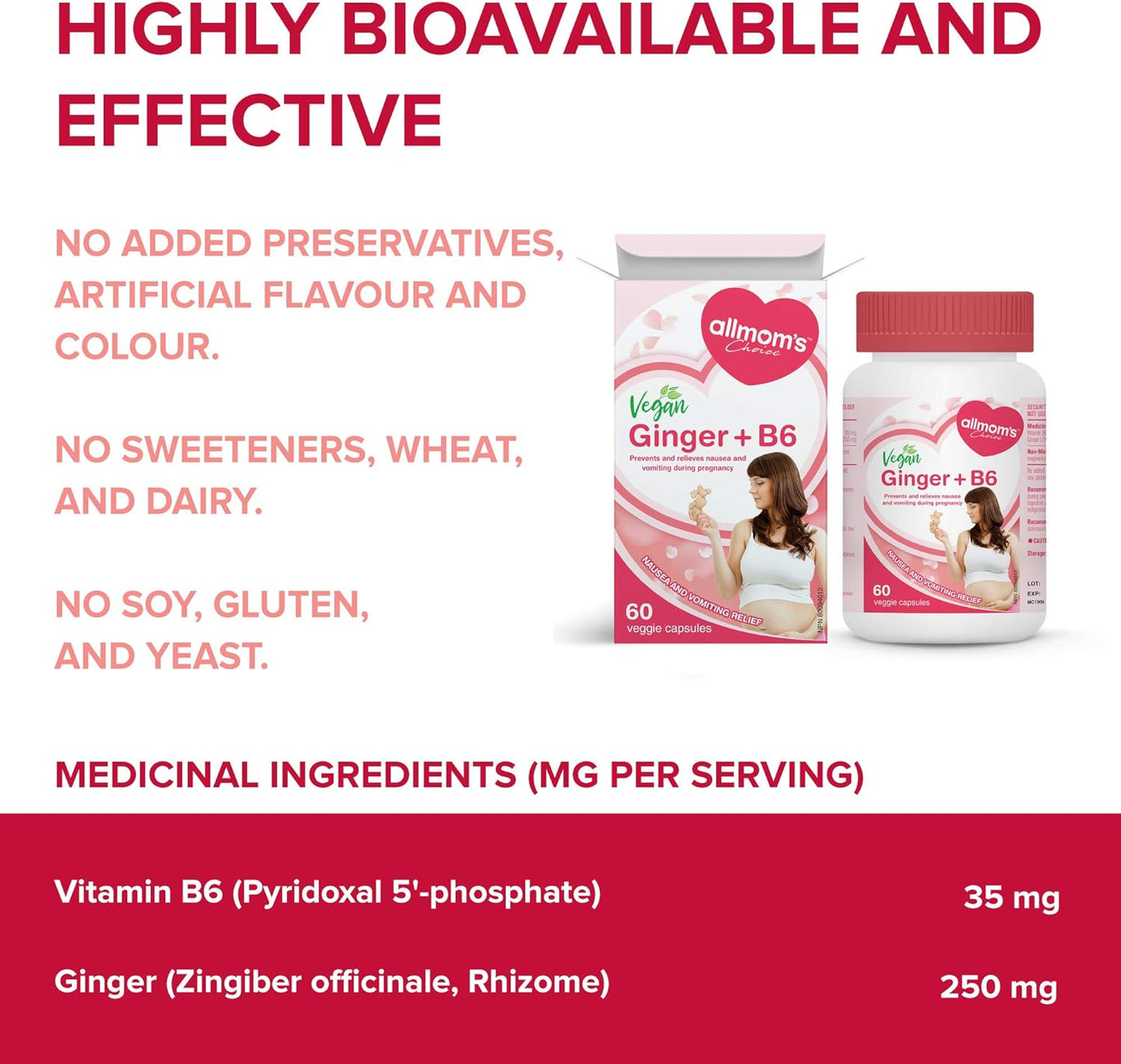 純素薑 + B6（60 粒膠囊），天然療法，可預防和緩解噁心和孕吐，減少胃灼熱，增進食慾，Allmom’s Choice 懷孕止吐產品