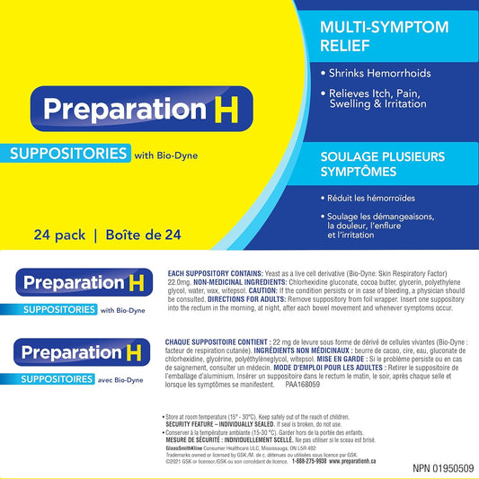 Preparation H 多症狀痔瘡治療栓劑（含 Bio-Dyne），24 粒裝