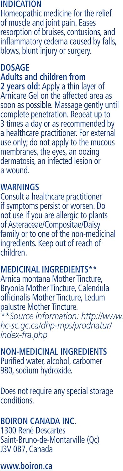 Boiron 山金车凝胶 75 克，缓解疼痛。山金车凝胶可缓解肌肉疼痛和关节疼痛。它还能促进因跌倒、撞击、钝性损伤或手术引起的瘀伤和炎性水肿的吸收。