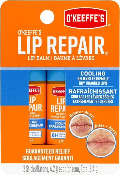 O'Keeffe's Lip Repair Balm, Cooling Relief, Instant Cooling for Dry Cracked Lips, 7 Moisturizing Ingredients, Stick, Pack of 2