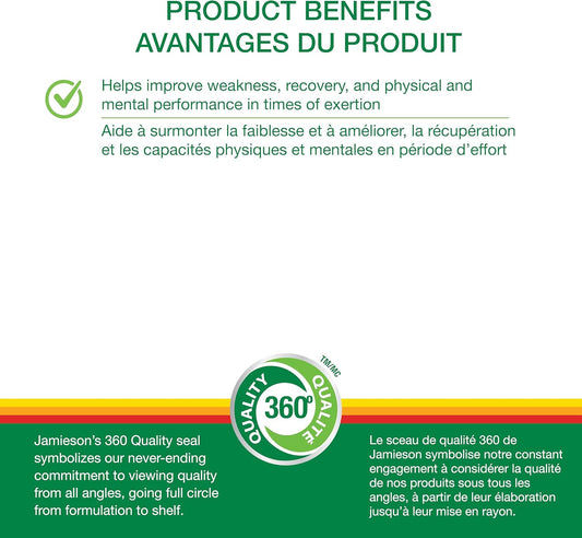 Jamieson Siberian Ginseng, Supports Recovery, Helps Enhance Physical Performance, and Improves Mental Performance. Adaptogen, Non-GMO, Gluten-Free, 100 Vegetarian Caplets, Proudly Canadian