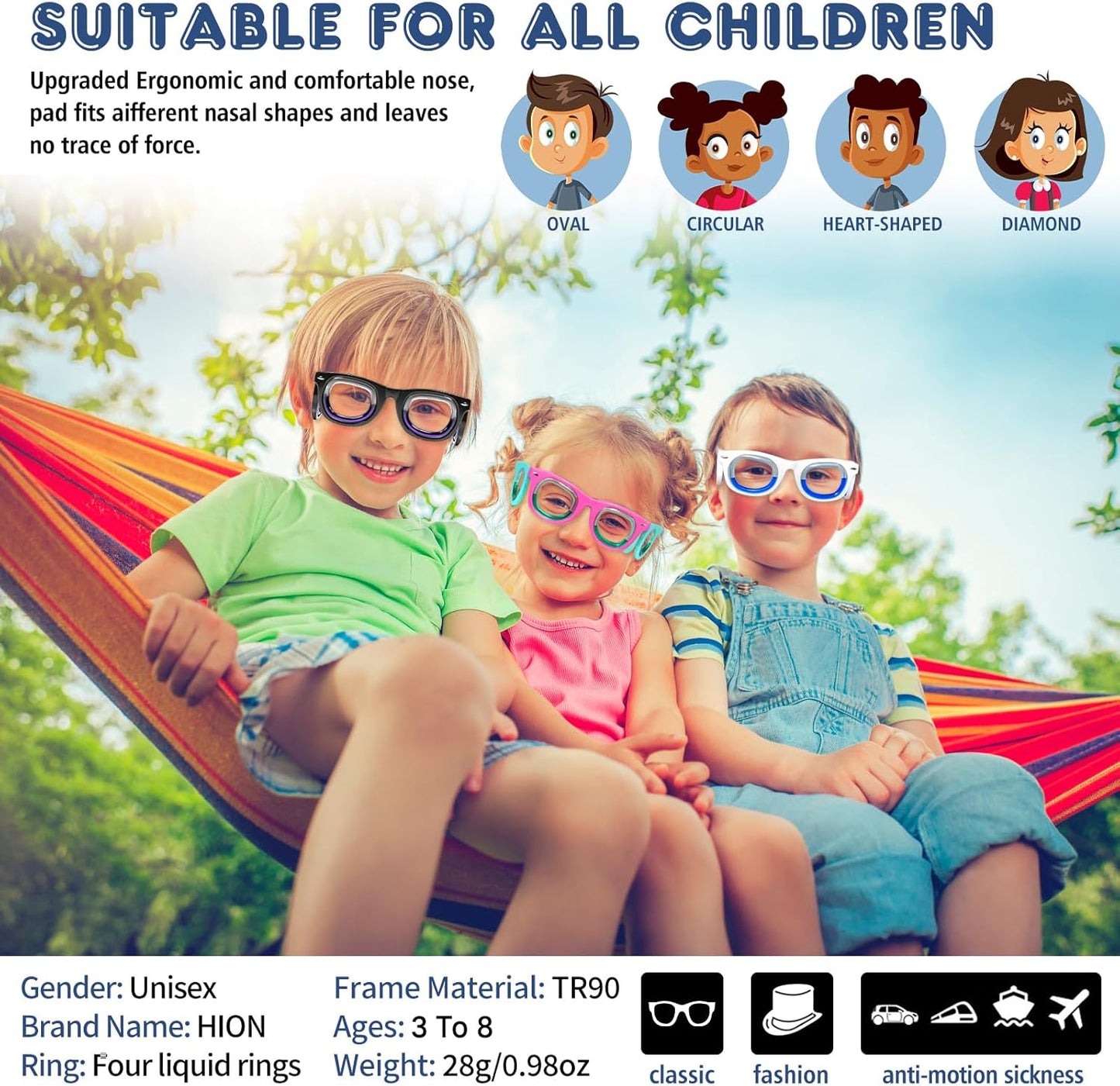 Hion 兒童防暈動病智慧眼鏡（適用於 3-8 歲兒童）– 超輕便攜緩解噁心液體眼鏡，可緩解暈車、暈機、暈船 – 兒童旅行/郵輪必備