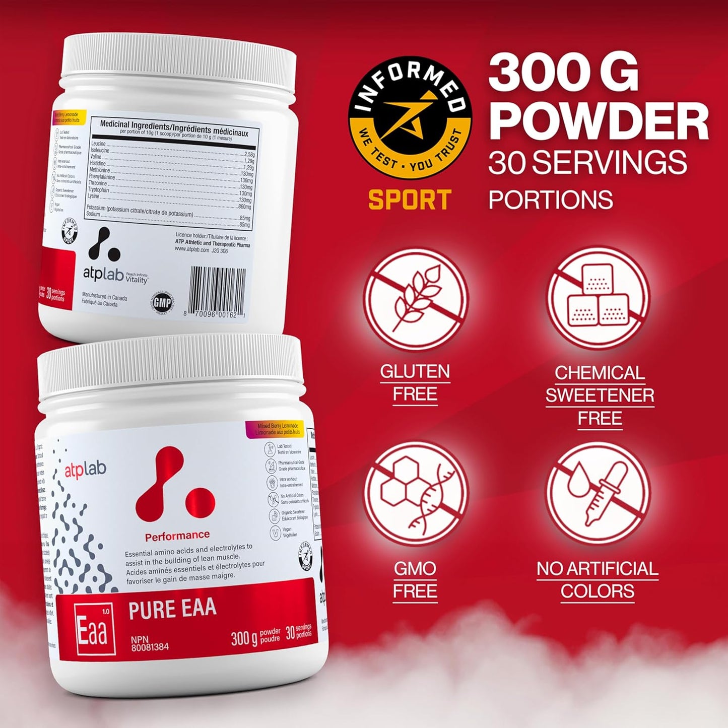 ATP LAB 纯 EAA 粉，300 克，30 份，浆果柠檬水口味 - 11 种 EAA 和电解质的完整混合物 - L-赖氨酸、L-蛋氨酸、色氨酸 - 锻炼支持和补水必需氨基酸