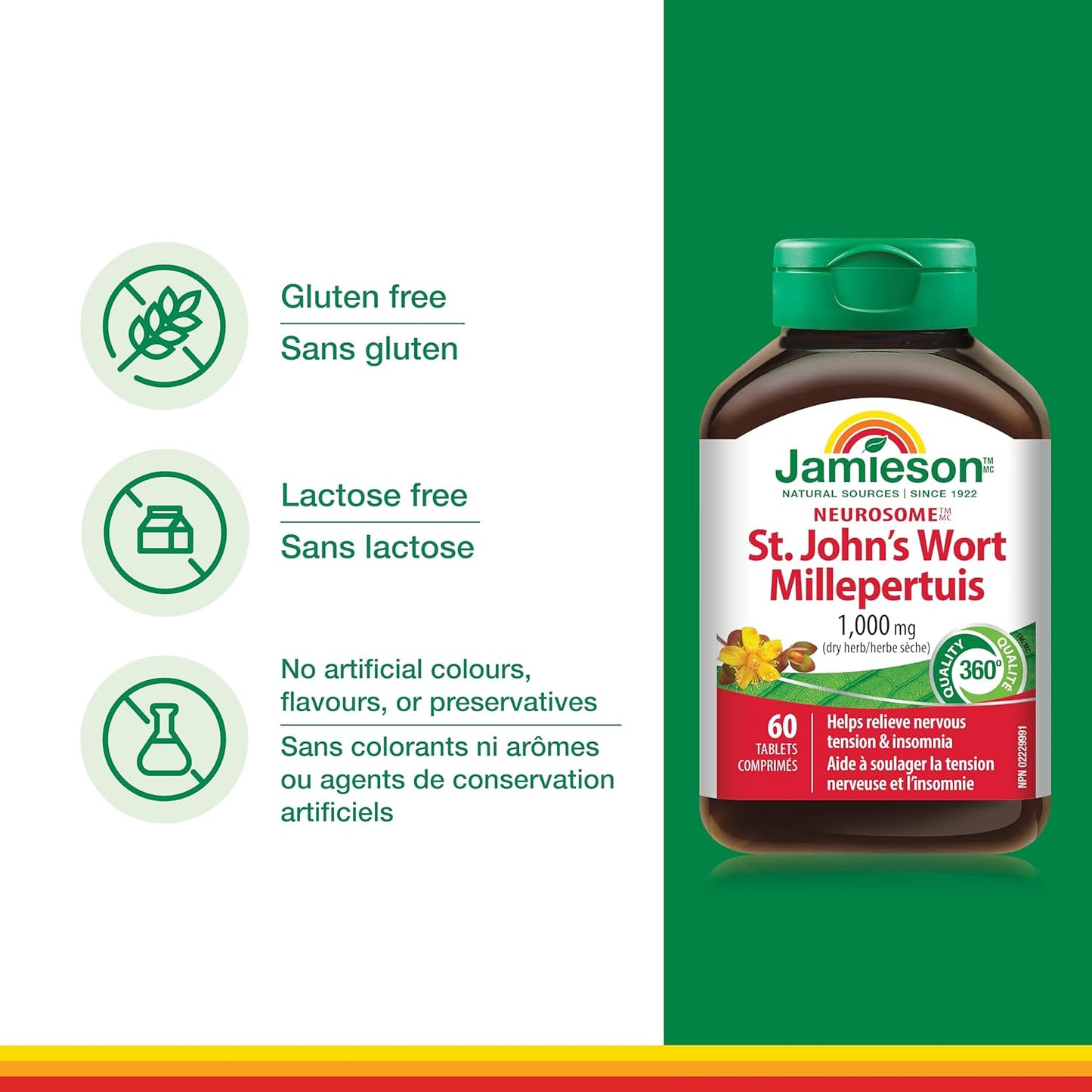 Jamieson 圣约翰草 1000 毫克，神经调节剂，镇静舒缓神经紧张。非转基因，无麸质，60 片装，加拿大制造