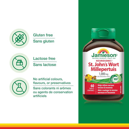Jamieson 圣约翰草 1000 毫克，神经调节剂，镇静舒缓神经紧张。非转基因，无麸质，60 片装，加拿大制造
