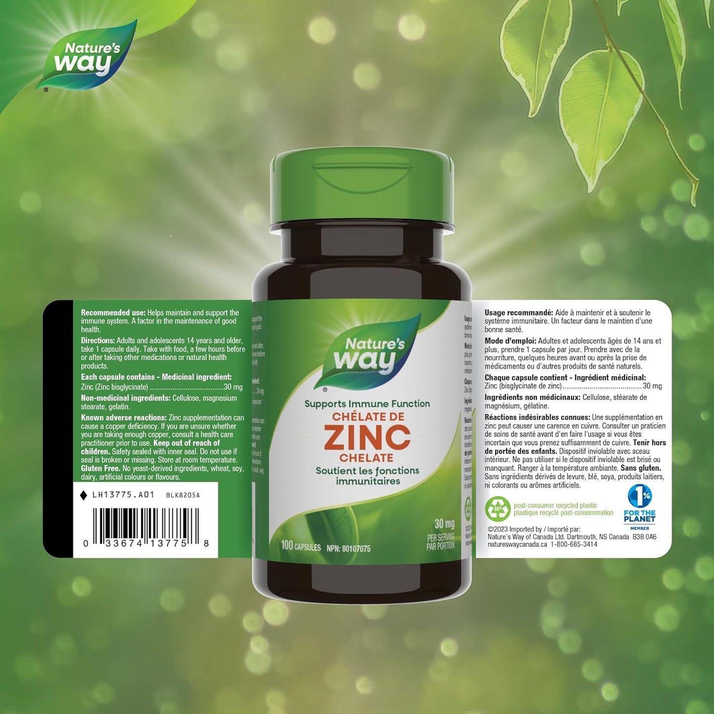 Nature's Way 鋅螯合物 - 免疫系統、能量代謝和整體健康支持 - 預防鋅缺乏症 - 每粒膠囊含 30 毫克鋅螯合物 - 不含麩質 - 100 粒膠囊