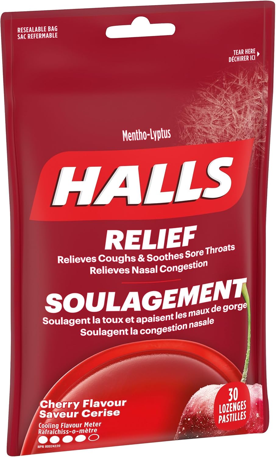 HALLS 樱桃味止咳糖，润喉糖，缓解咽喉痛，薄荷醇，30 粒润喉糖，加拿大制造
