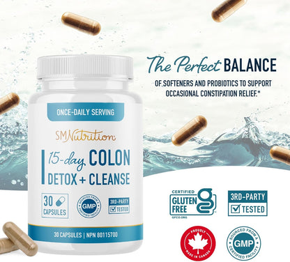 15 Day Colon Cleanse & Detox | Stool Softener & Constipation Relief for Adults | Gut Health Support | Colon Detox Cleanse With Probiotics for Women & Men | Gluten-Free | By SM Nutrition | 30 Capsules