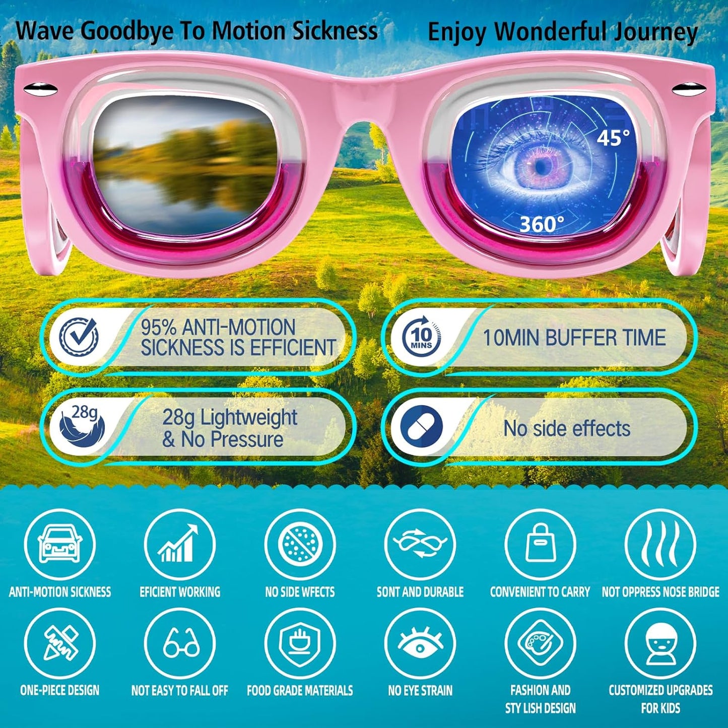 Hion 兒童防暈動病智慧眼鏡（適用於 3-8 歲兒童）– 超輕便攜緩解噁心液體眼鏡，可緩解暈車、暈機、暈船 – 兒童旅行/郵輪必備