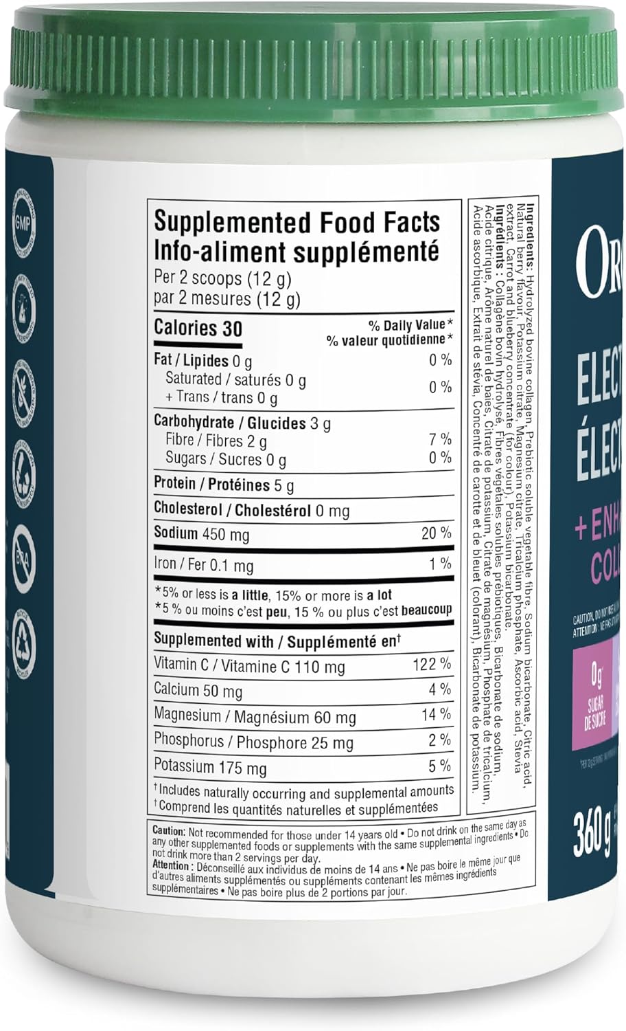 Organika 加拿大製造電解質 + 增強膠原蛋白 - 野莓口味 - 無糖補水 | 5 克蛋白質 + 100% 每日所需維生素 C | 360 克，30 份