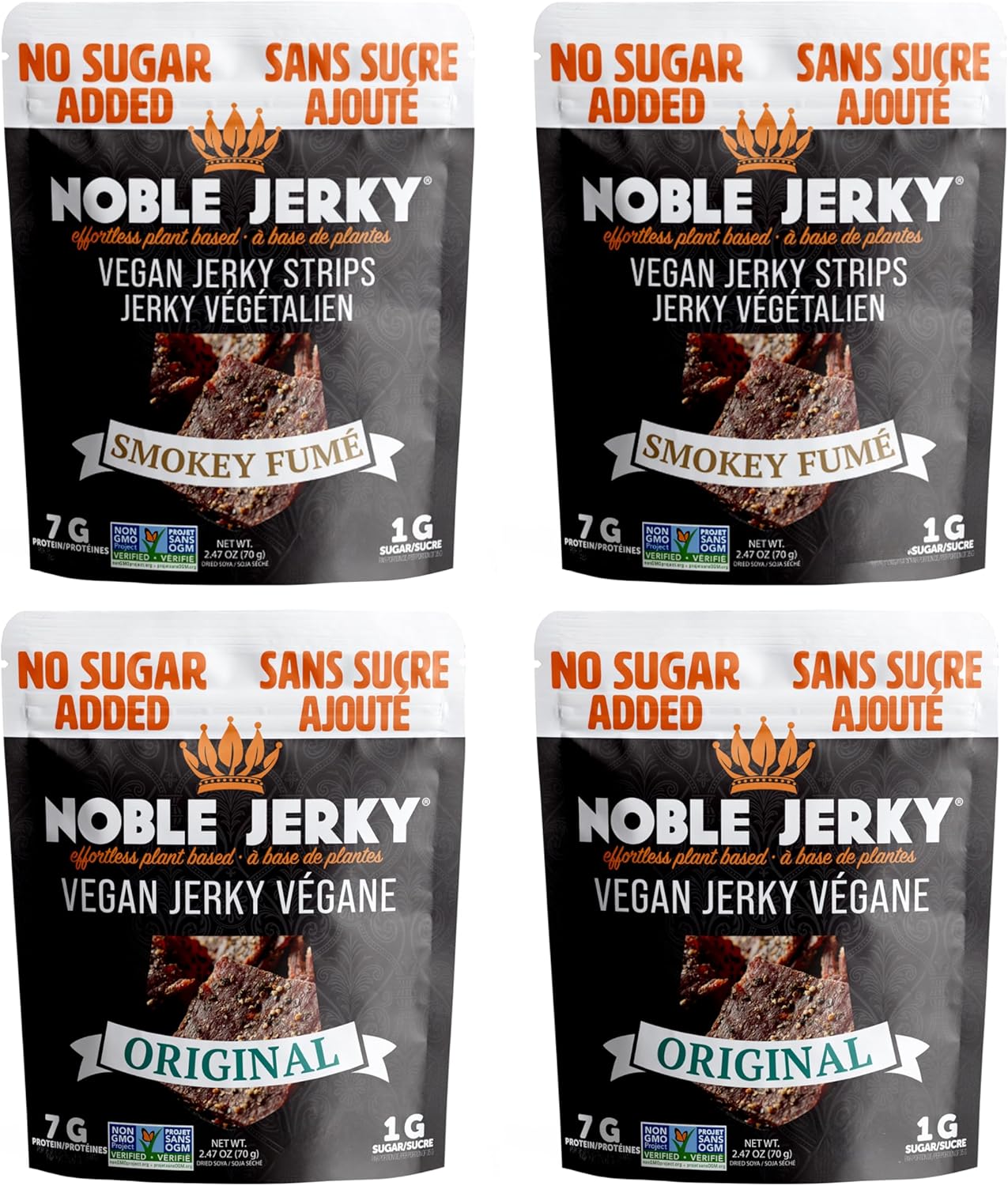 Noble Jerky Vegan Jerky 4 Pack – 2 Original & 2 Smokey Flavour, Plant-Based Protein Snack, No Sugar Added, No Preservatives, No Trans Fats, Non-GMO, 70g Bags