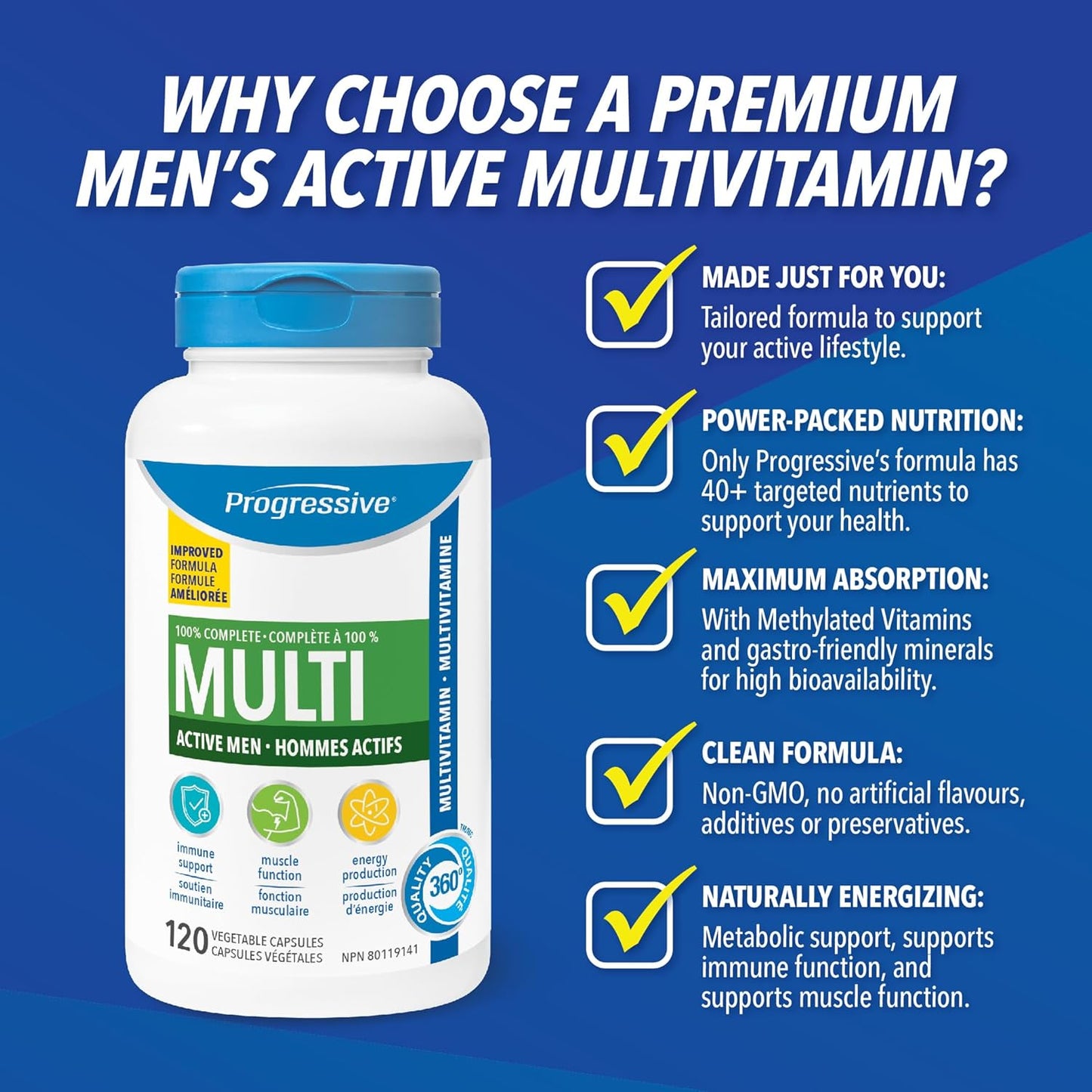 Progressive Advanced 活力男士每日复合维生素，含槲皮素、玛卡、南非醉茄和西伯利亚人参。支持免疫健康、肌肉功能和能量，100% 完整配方，加拿大制造，120 粒装