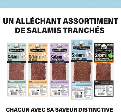 Atwood Heritage 野豬、豬肉和牛肉切片薩拉米香腸，125 克，高蛋白，無麩質，無硝酸鹽，加拿大製造