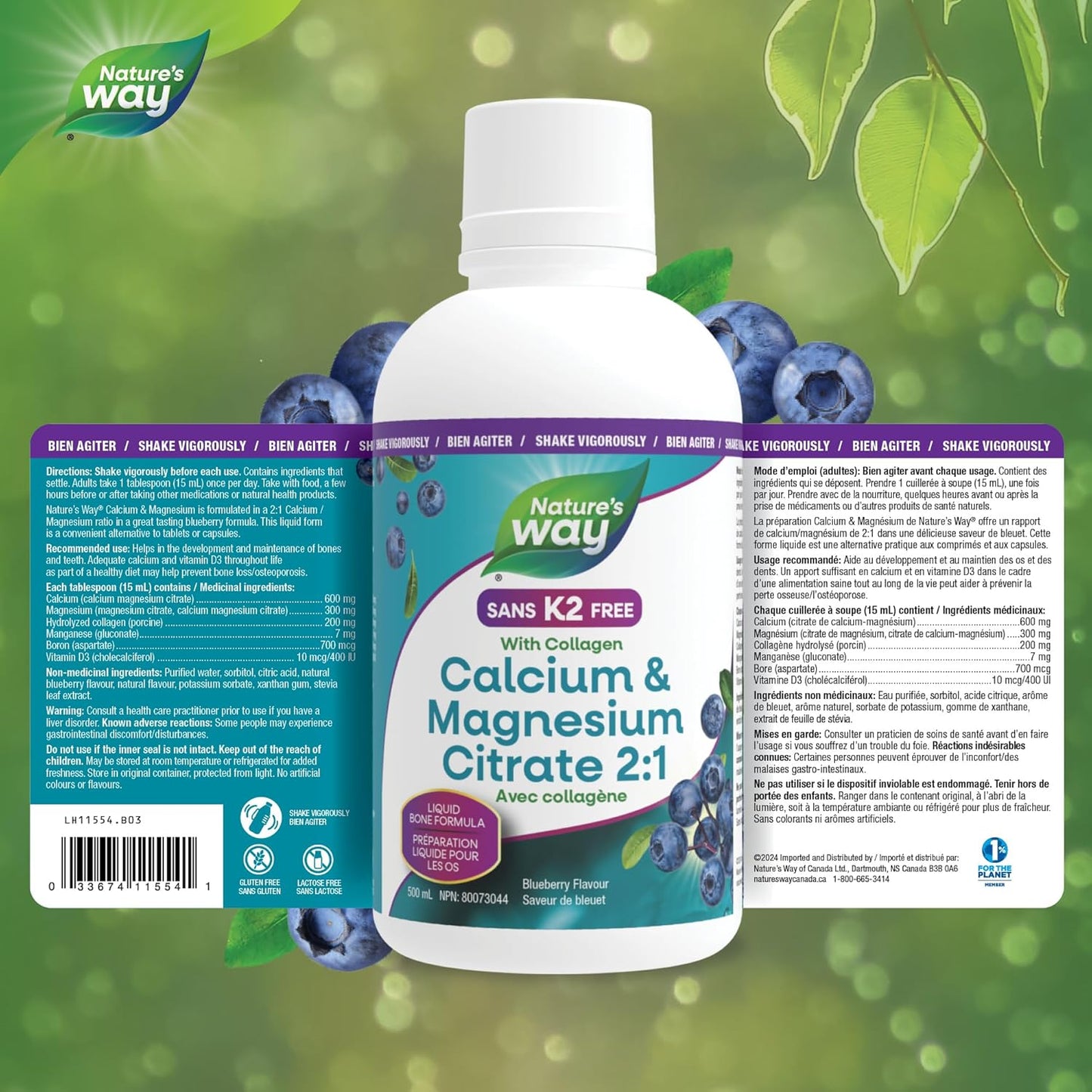 Nature's Way 檸檬酸鈣鎂 2:1 液體補充劑，含維生素 D3 和膠原蛋白，有助於維持骨骼和牙齒健康，不含維生素 K2，藍莓味，500 毫升