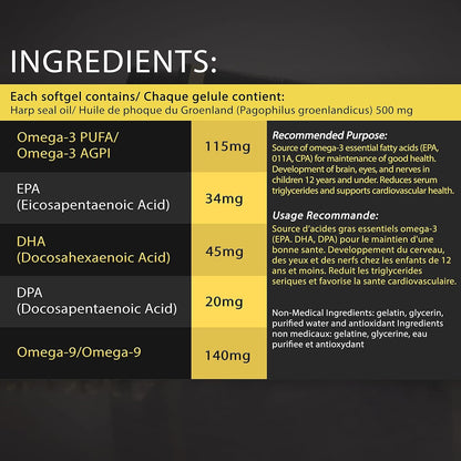 Nova Sea Atlantic 出品，易于吞咽的竖琴海豹油 Omega 3 6 9 | 加拿大制造 | 富含 EPA、DHA 和 DPA，有益健康 | 100% 天然，无化学成分，非转基因 | 500 毫克 - 120 粒软胶囊（1 包）