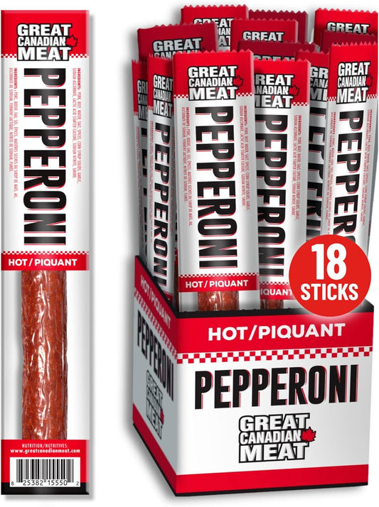 Hot Pepperoni Sticks Box, 18 x 22g Caddies by Great Canadian Meat, Meat Stick Snacks, Bulk Pepperoni Sticks Box for Carnivores. Perfect for Snacking, Gluten Free, High in Protein'