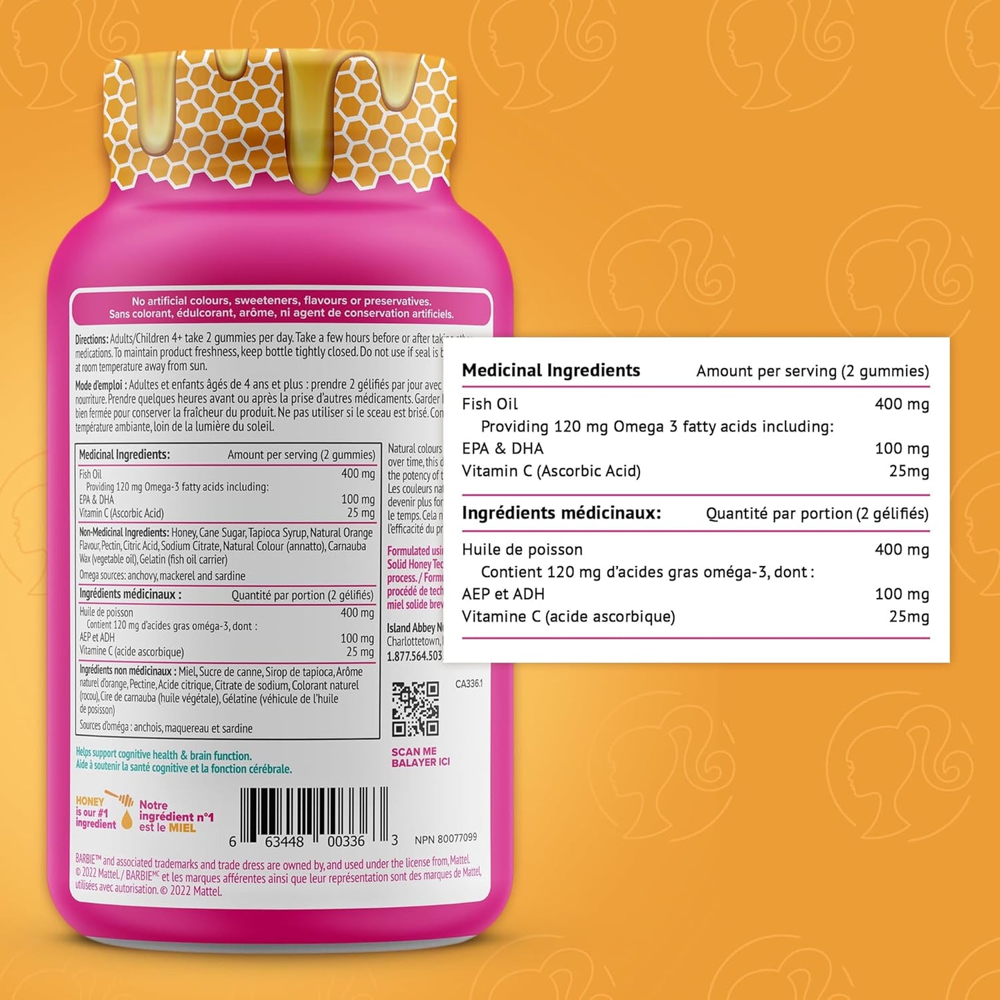 Honibe 芭比娃娃 Omega 3 軟糖，適合兒童和成人，加拿大製造，脂肪酸支持大腦健康，Omega-3 EPA 和 DHA 的可靠來源，可持續來源的魚油，無魚腥味，60 粒軟糖