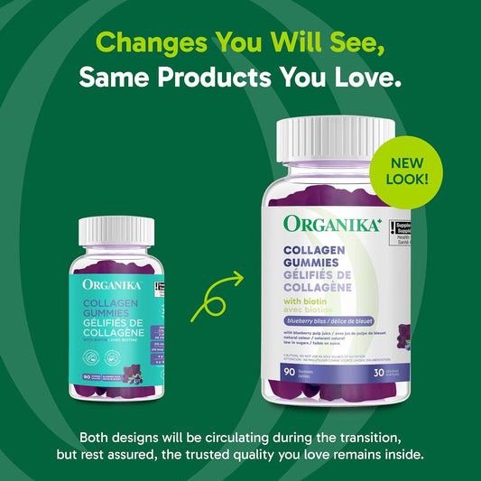 Organika 膠原蛋白軟糖 - 藍莓口味 - 每份含 2500 毫克膠原蛋白，另加生物素，有益於皮膚、頭髮和關節健康，牧場飼養的牛，不含麩質和乳製品，90 粒軟糖