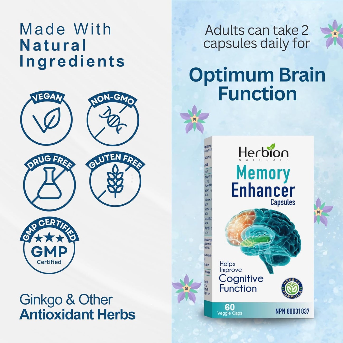 Herbion Naturals Memory Enhancer helps Improve Cognitive Function with Ginkgo biloba, Emblic, Coriander, Thyme, Lavender & Licorice extracts for adults. 60 Veggie Caps